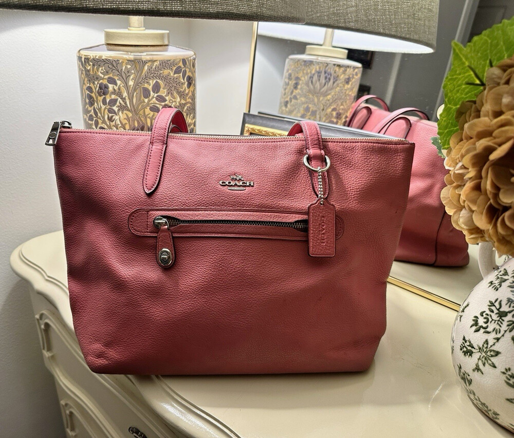 Coach Pink Pebbled Zip Top Tote Shoulder Bag w/ Front Zip Pocket, Charm